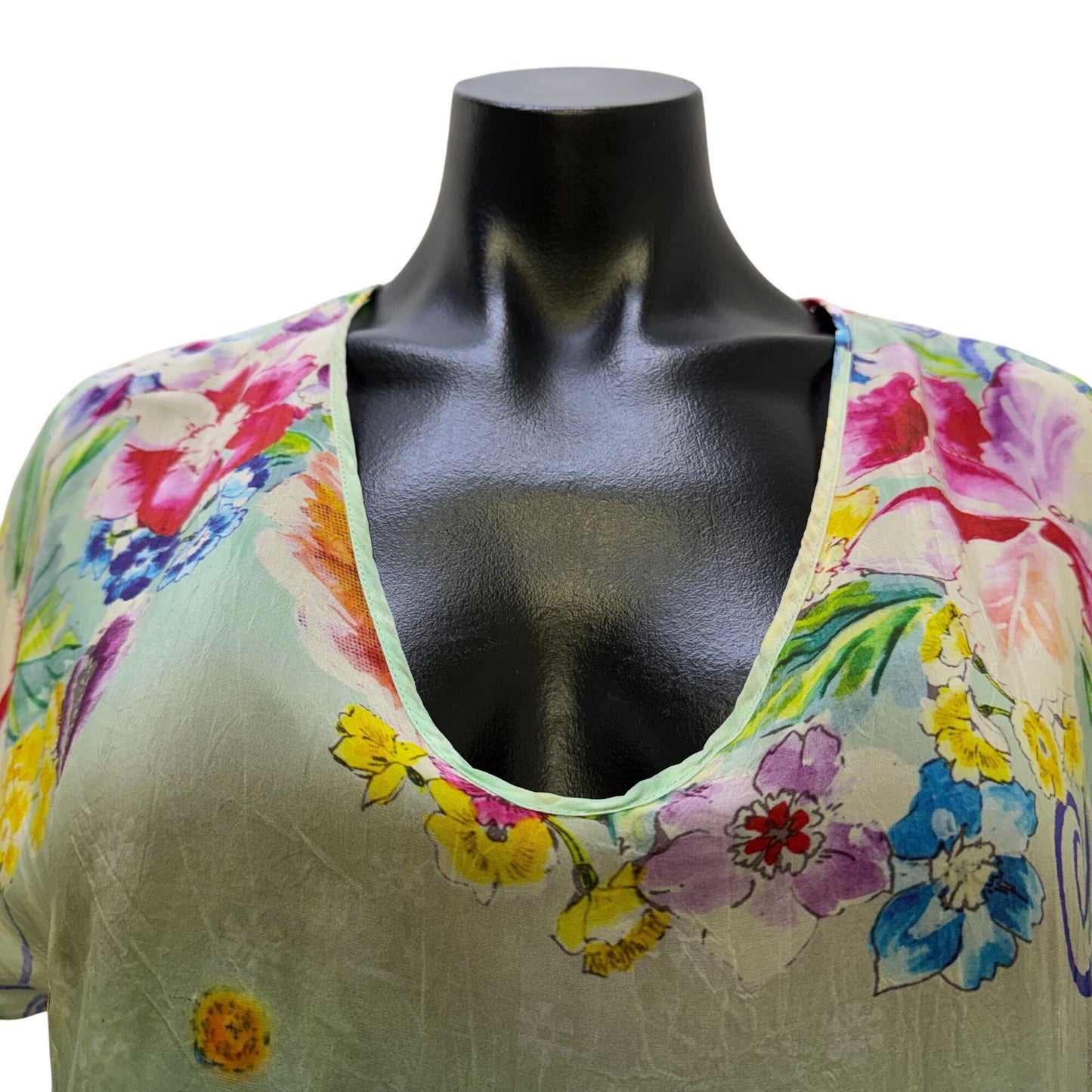 Johnny Was Silk Floral Print Tunic Blouse Green Multi S