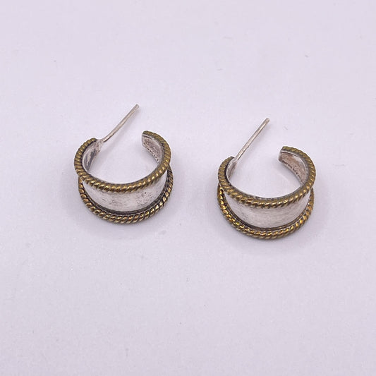 Sterling Silver & Brass Rope Edge Hoop Earrings Vintage Style Lightweight 925 M