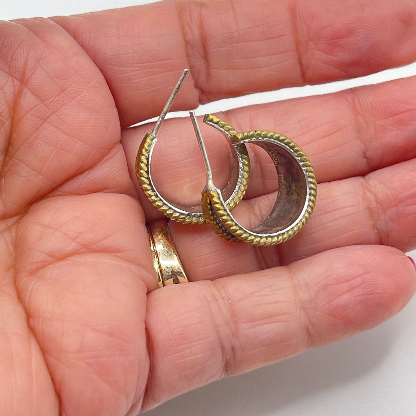 Sterling Silver & Brass Rope Edge Hoop Earrings Vintage Style Lightweight 925 M