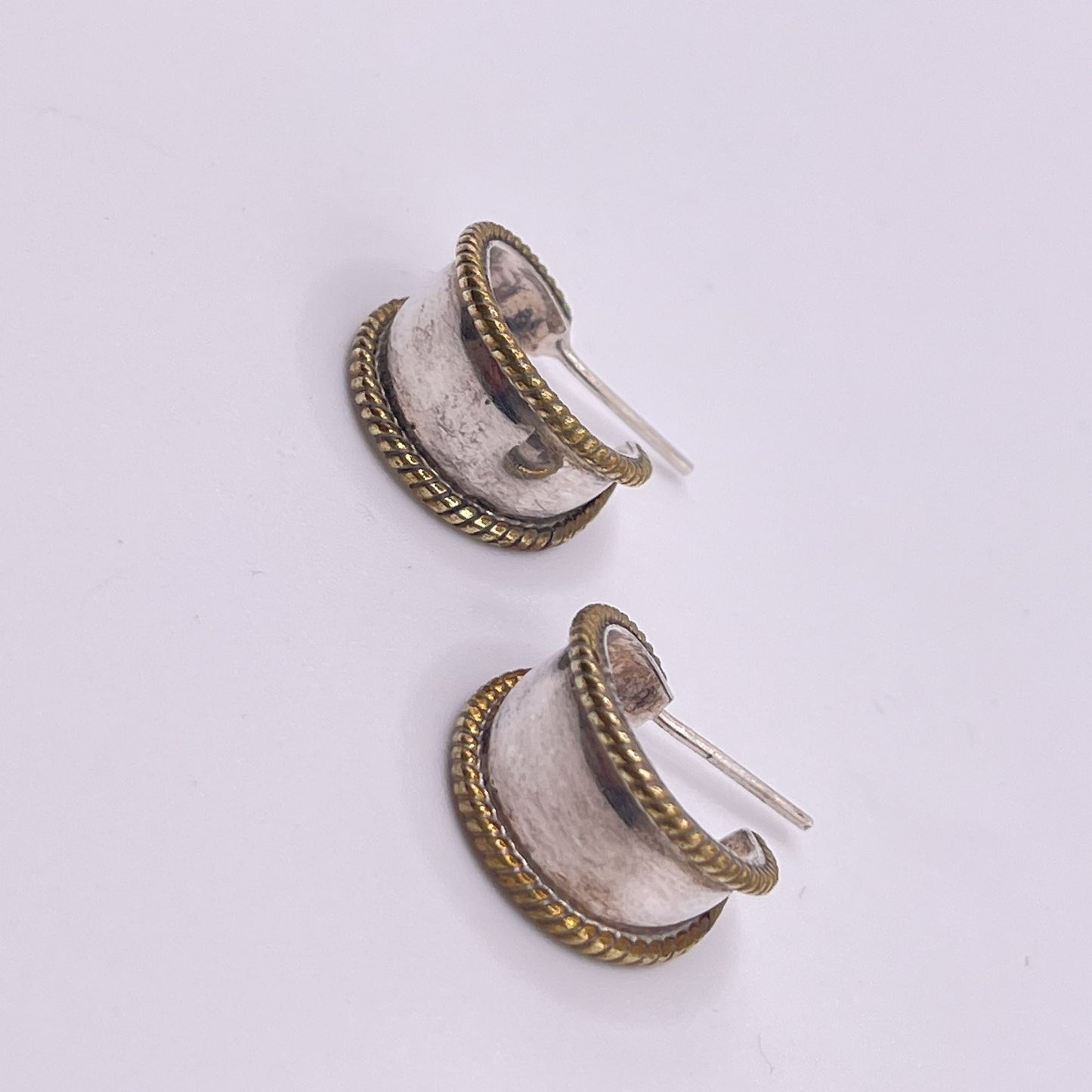 Sterling Silver & Brass Rope Edge Hoop Earrings Vintage Style Lightweight 925 M