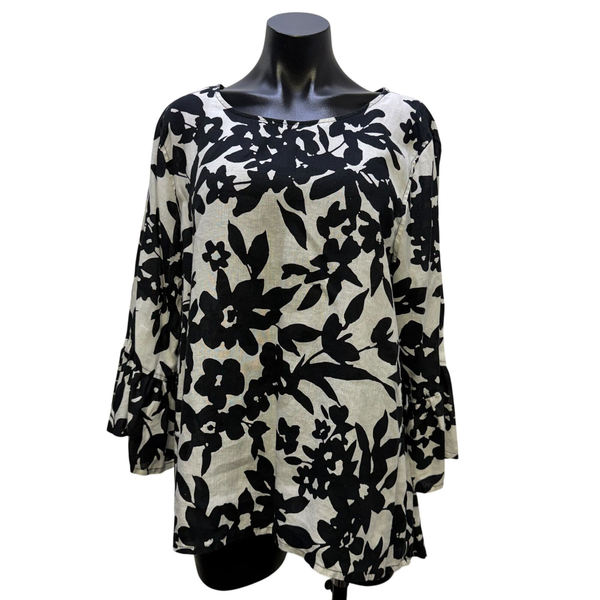 John Mark Linen Floral Print Blouse Black & White XL