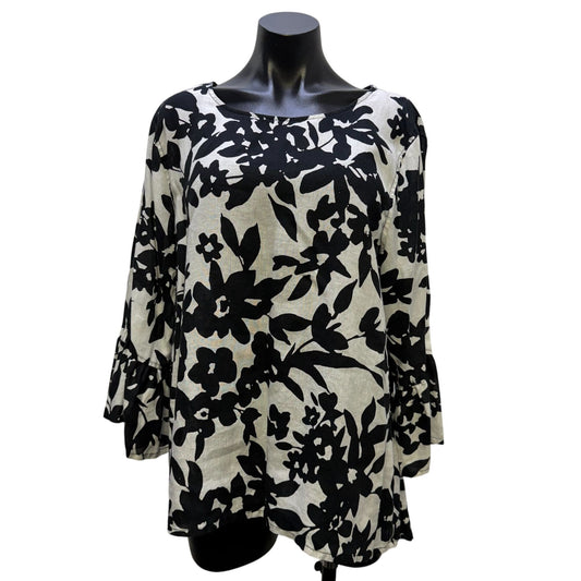 John Mark Linen Floral Print Blouse Black & White XL