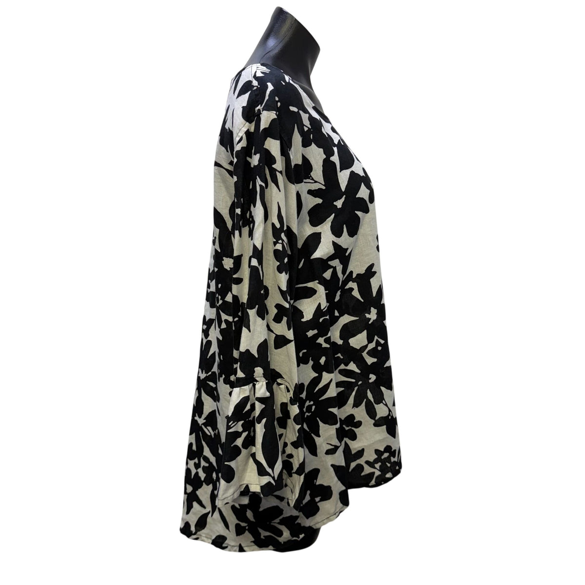 John Mark Linen Floral Print Blouse Black & White XL