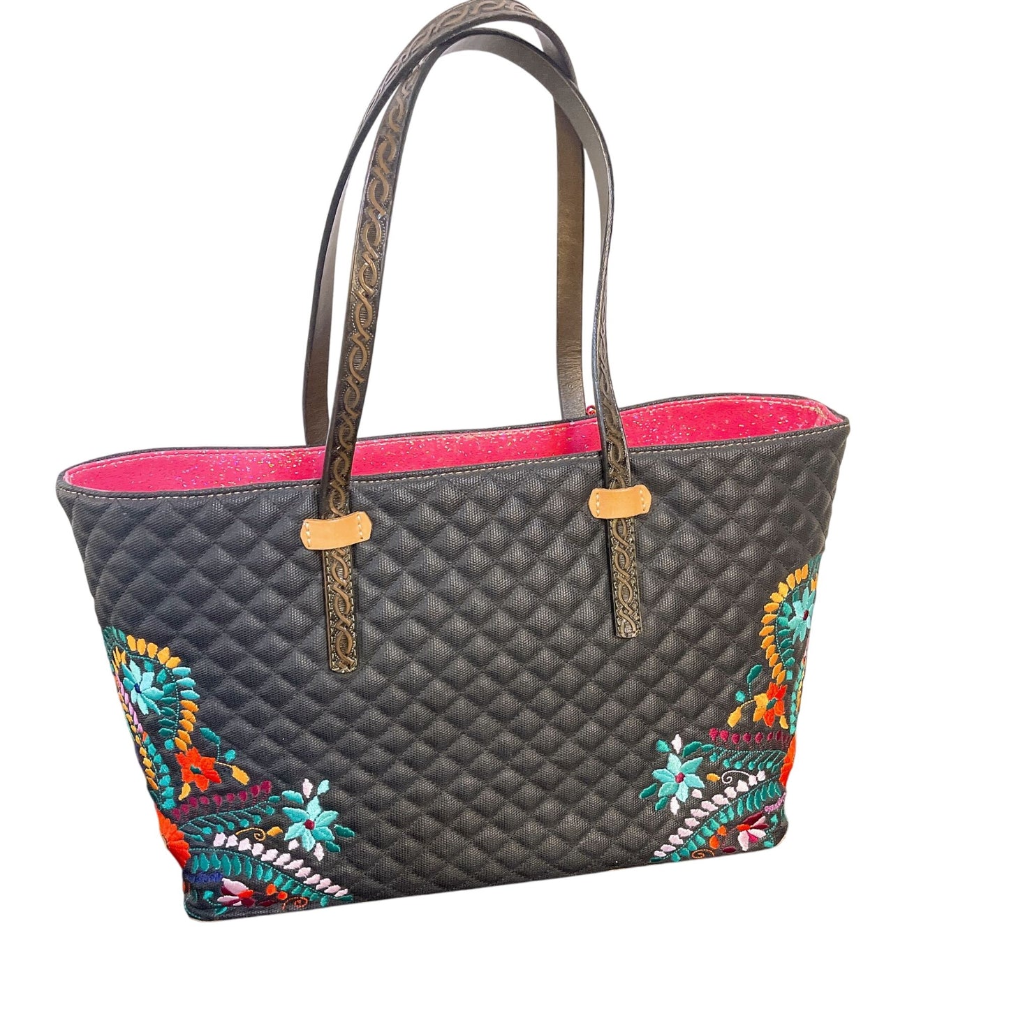 Consuela Quilted Tote Bag Colorful Floral Embroidery Pink Interior L