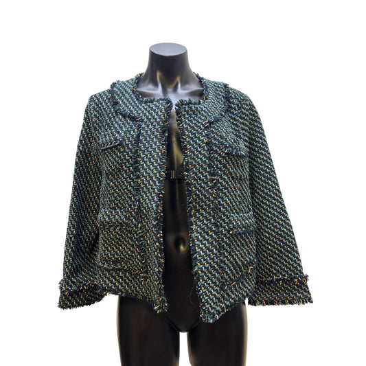 Ann Mashburn Tweed Jacket Multi-Color Frayed Edge Open Front Size M