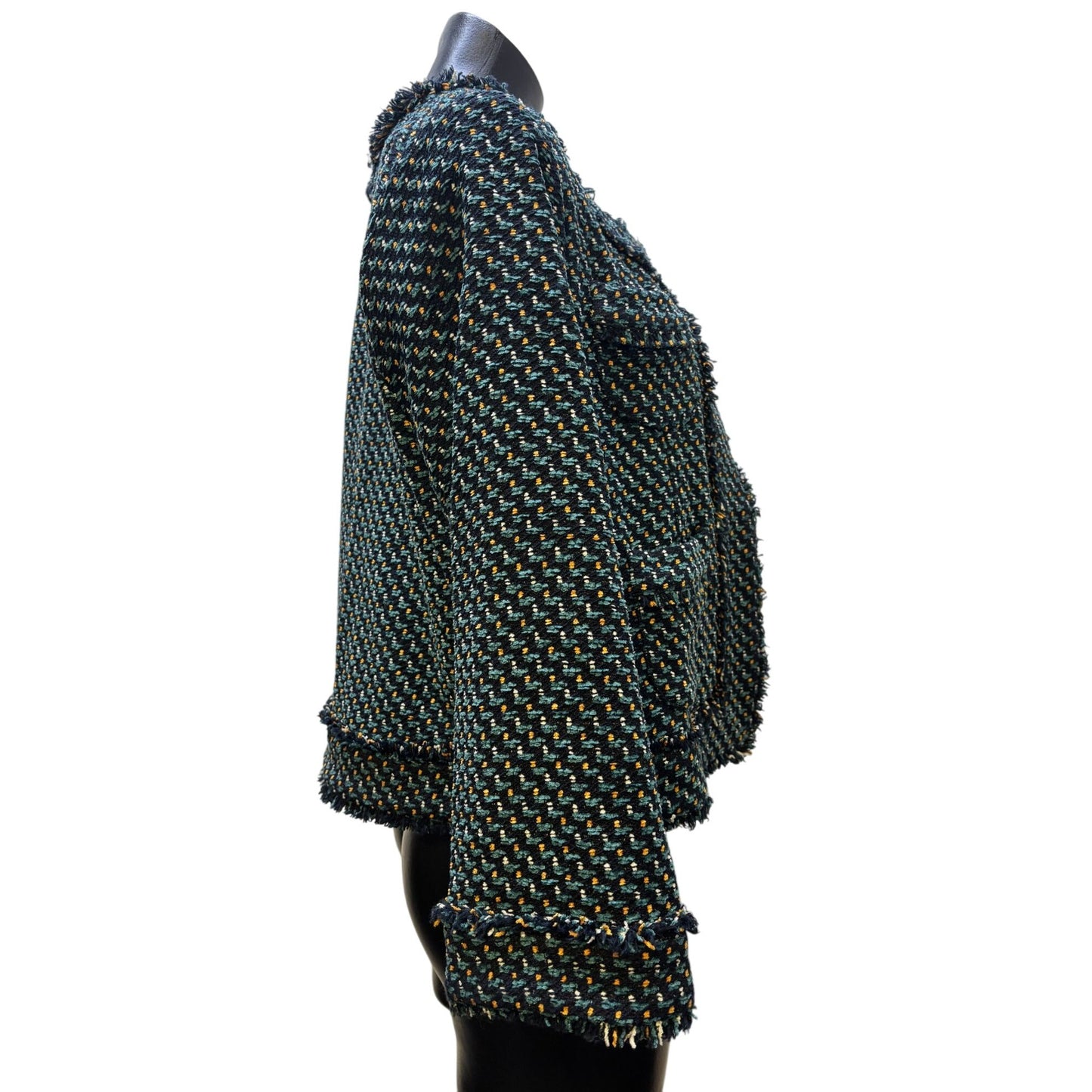 Ann Mashburn Tweed Jacket Multi-Color Frayed Edge Open Front Size M