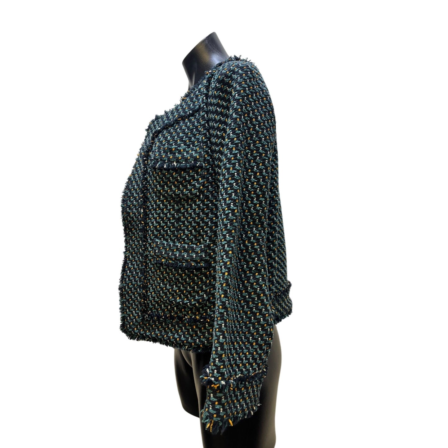 Ann Mashburn Tweed Jacket Multi-Color Frayed Edge Open Front Size M