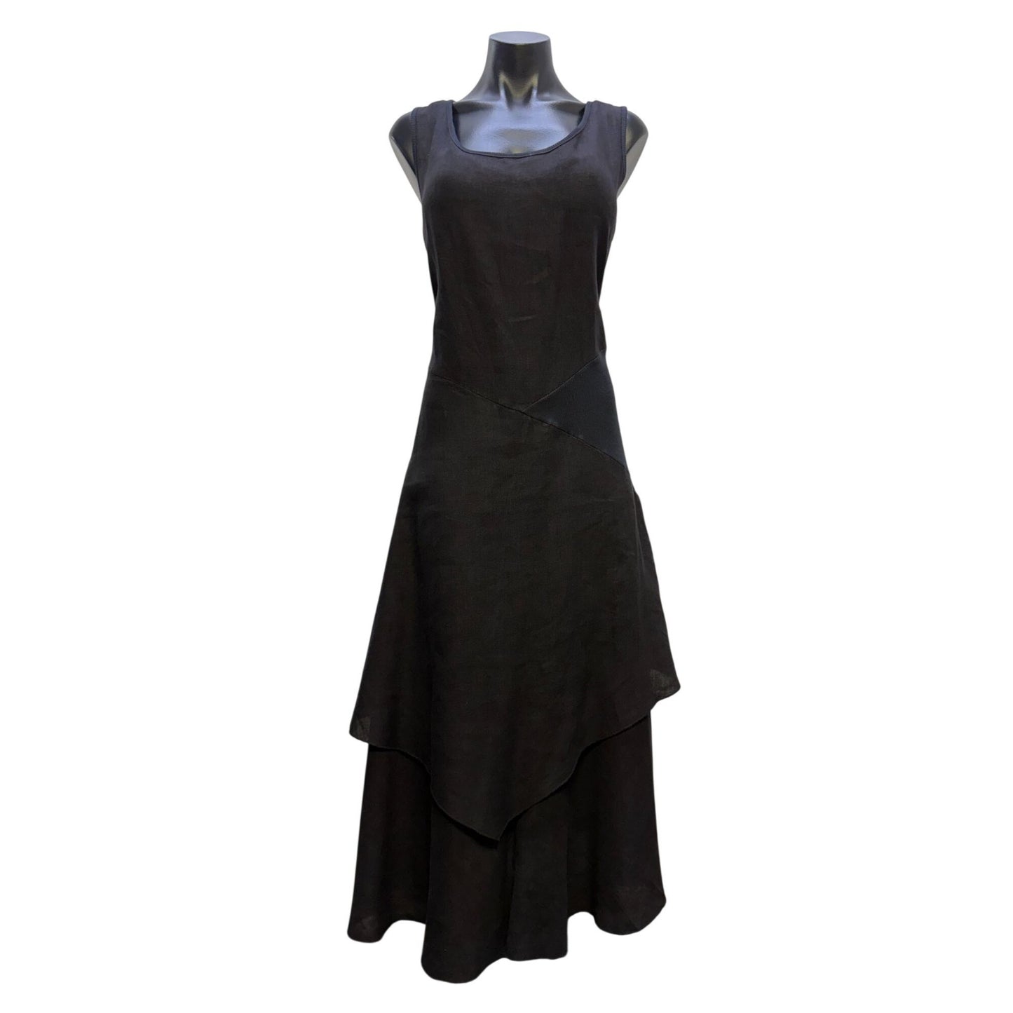Inizio Linen Black Sleeveless Layered Asymmetrical Midi Dress Made In Italy L