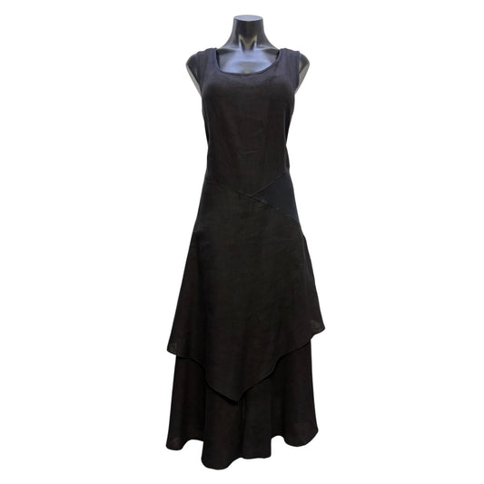 Inizio Linen Black Sleeveless Layered Asymmetrical Midi Dress Made In Italy L