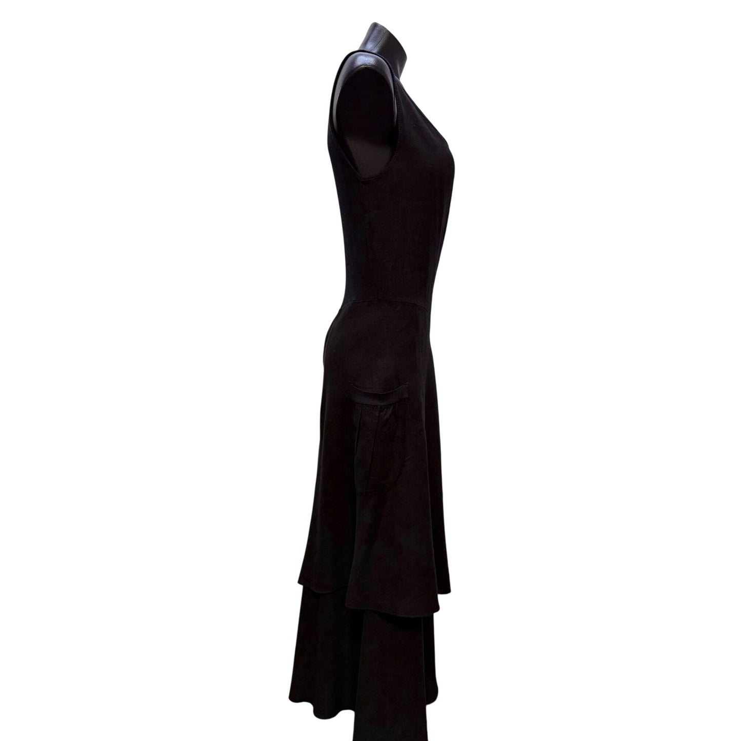 Inizio Linen Black Sleeveless Layered Asymmetrical Midi Dress Made In Italy L