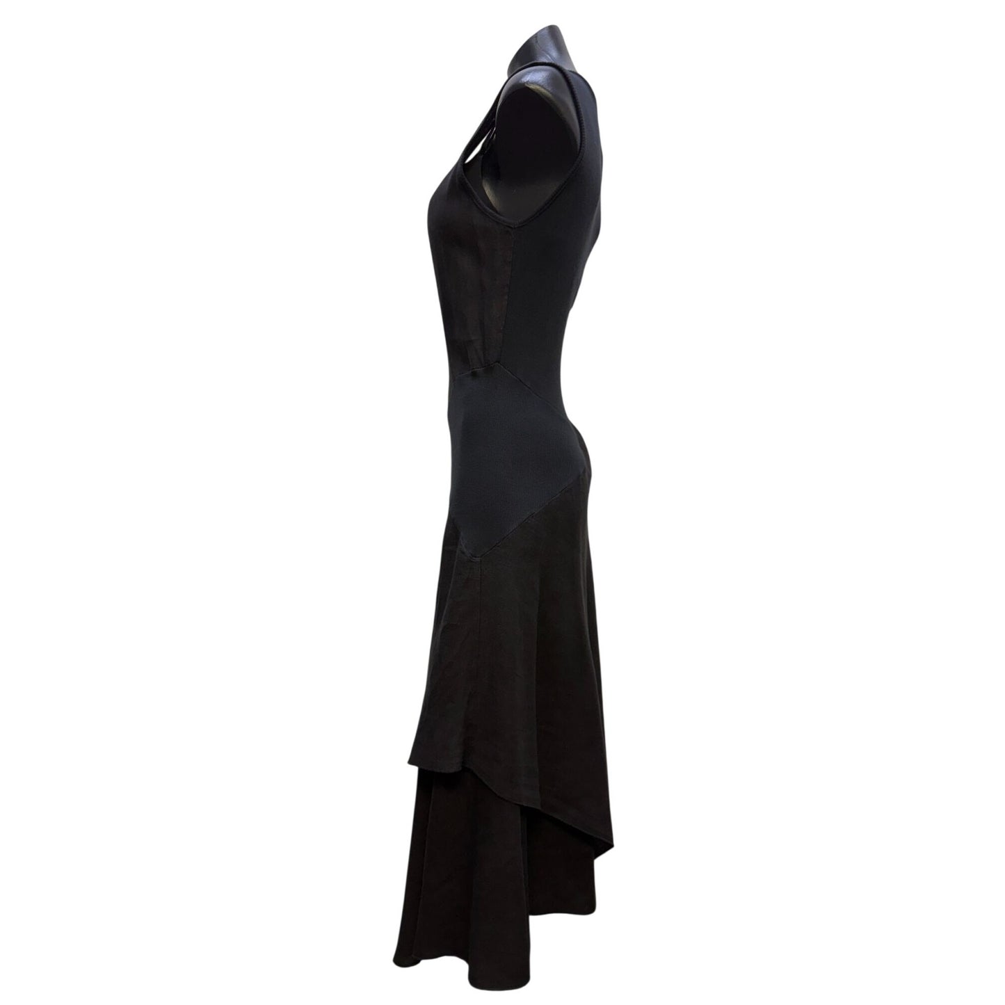 Inizio Linen Black Sleeveless Layered Asymmetrical Midi Dress Made In Italy L