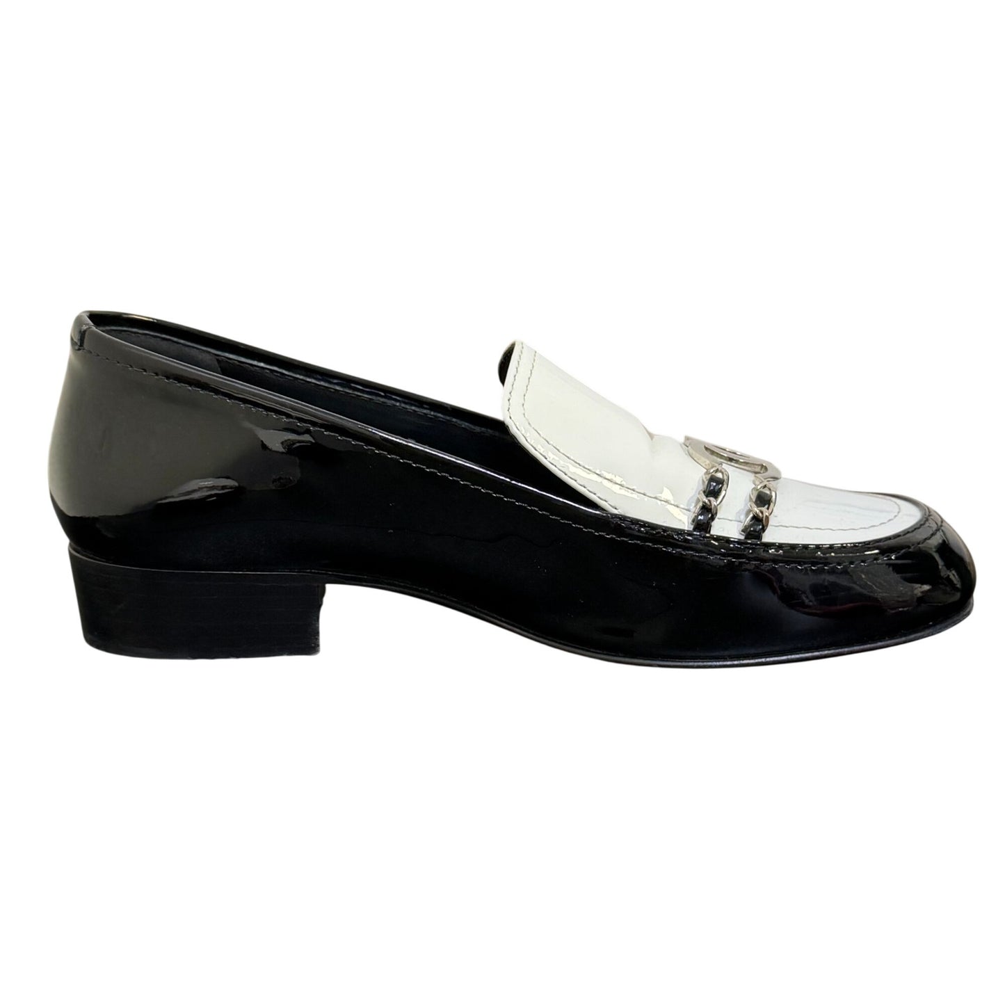 Chanel Black & White Patent Leather Loafers With Silver Chain Detail 6.5/37