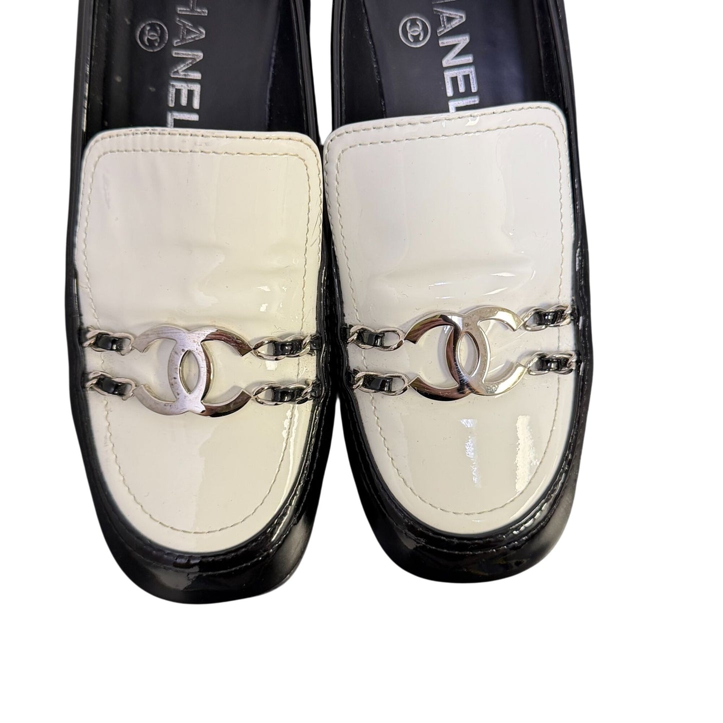 Chanel Black & White Patent Leather Loafers With Silver Chain Detail 6.5/37