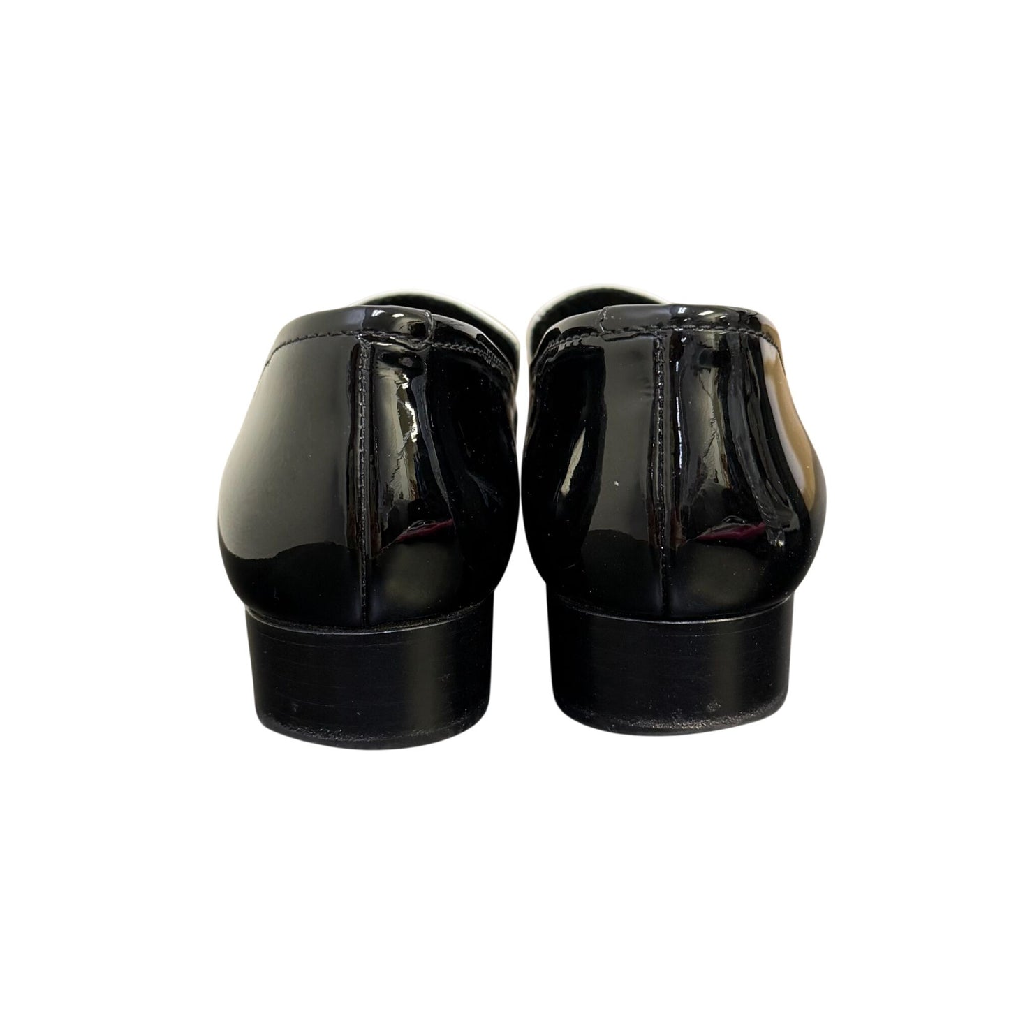 Chanel Black & White Patent Leather Loafers With Silver Chain Detail 6.5/37