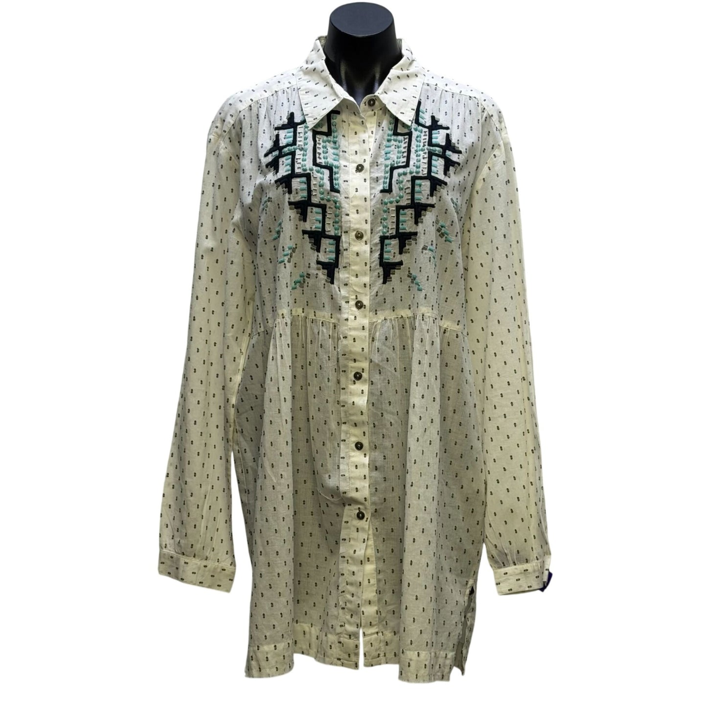 Double D Ranch Embroidered Tunic Shirt White W/ Navy Blue & Teal Aztec Pattern L