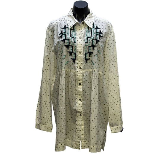 Double D Ranch Embroidered Tunic Shirt White W/ Navy Blue & Teal Aztec Pattern L