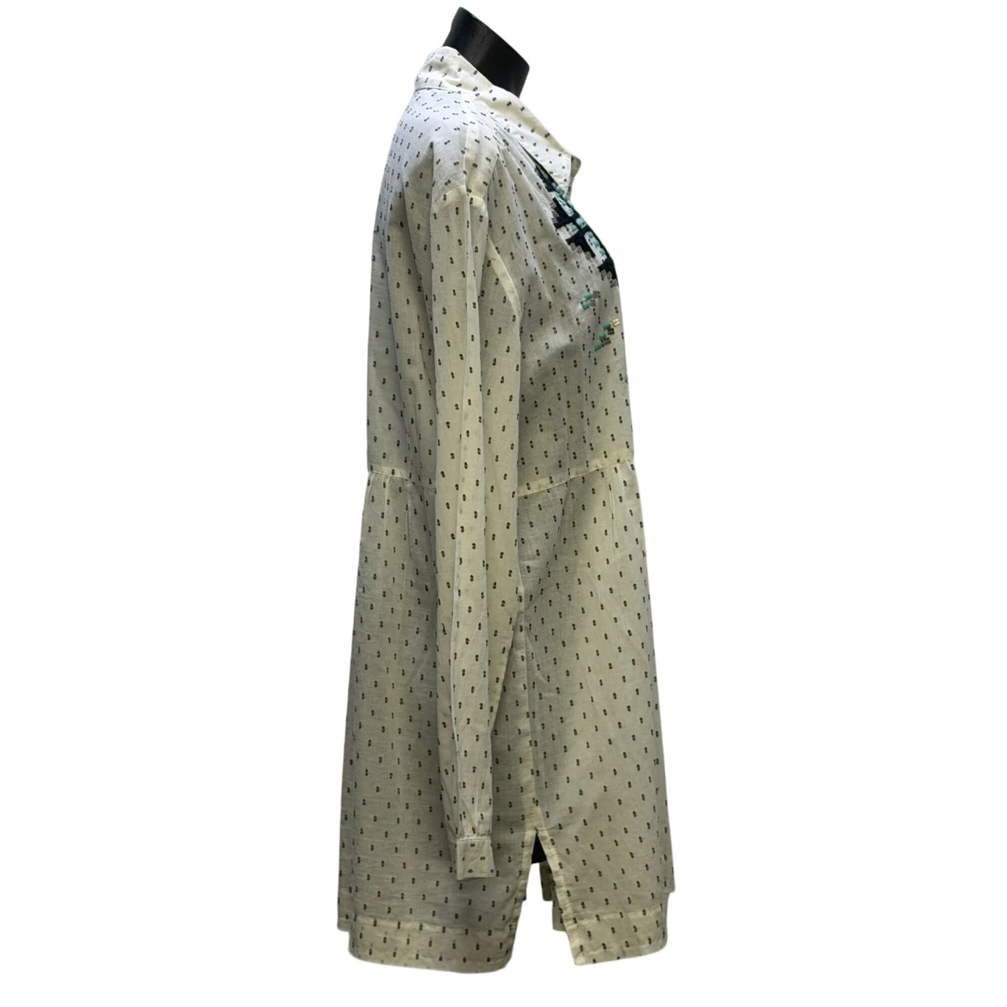 Double D Ranch Embroidered Tunic Shirt White W/ Navy Blue & Teal Aztec Pattern L