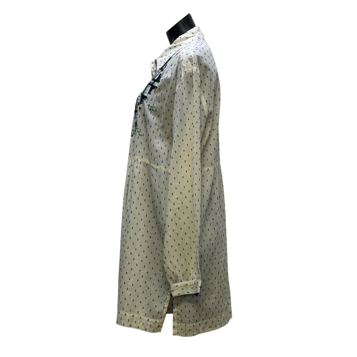 Double D Ranch Embroidered Tunic Shirt White W/ Navy Blue & Teal Aztec Pattern L