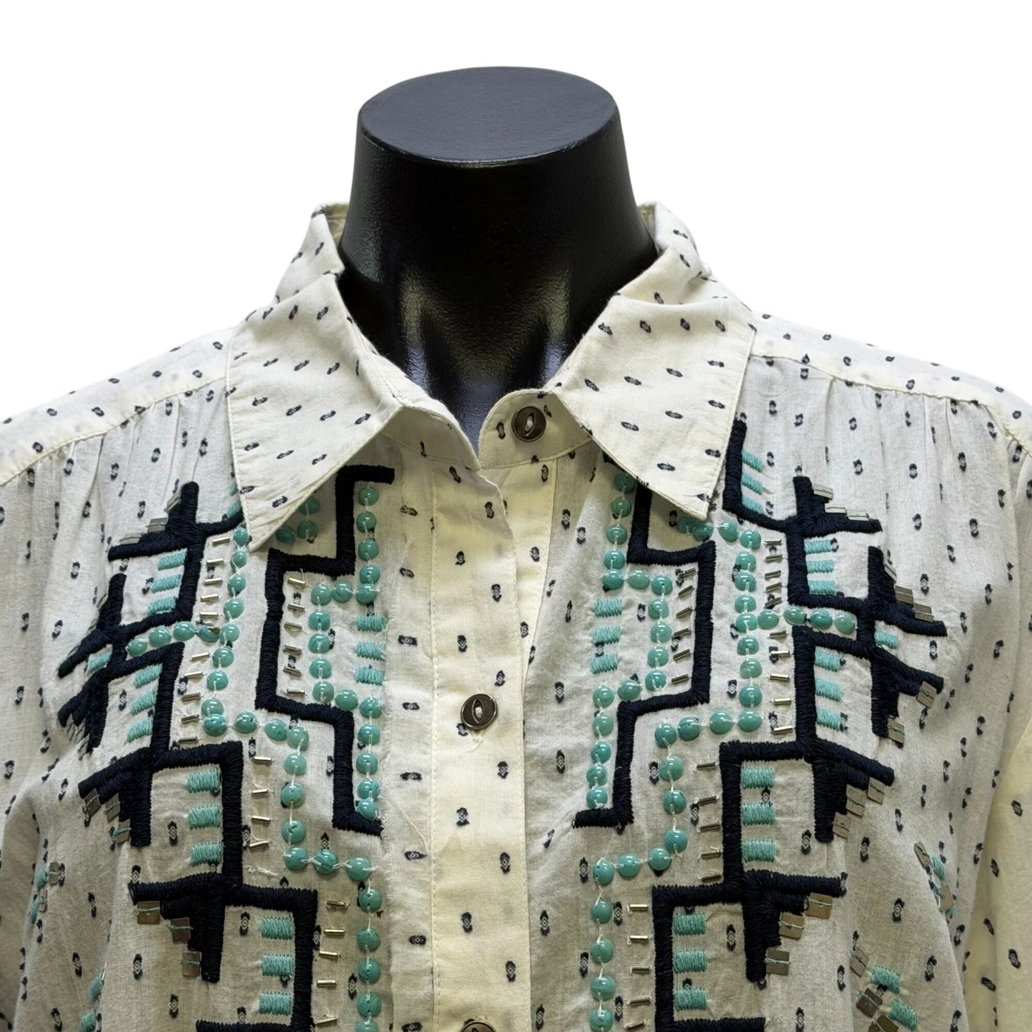 Double D Ranch Embroidered Tunic Shirt White W/ Navy Blue & Teal Aztec Pattern L