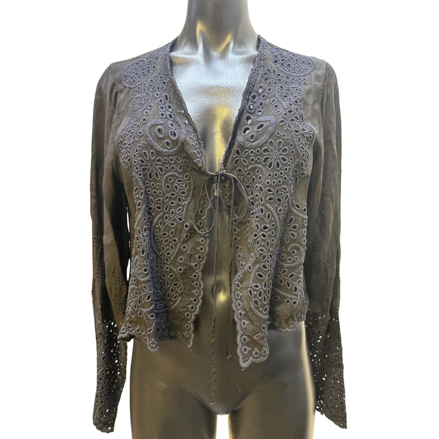 Johnny Was Black Embroidered Eyelet Cropped Long Sleeve Cardigan Size S/M