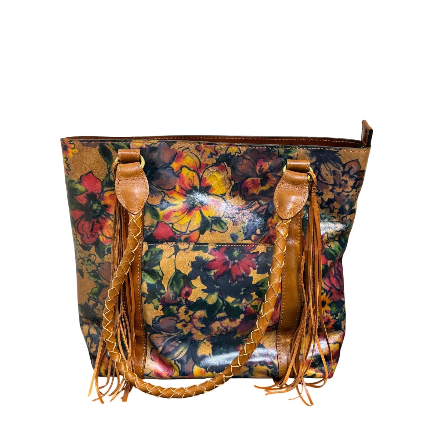 Patricia Nash Leather Tote Purse With Floral Print & Braided Handles
