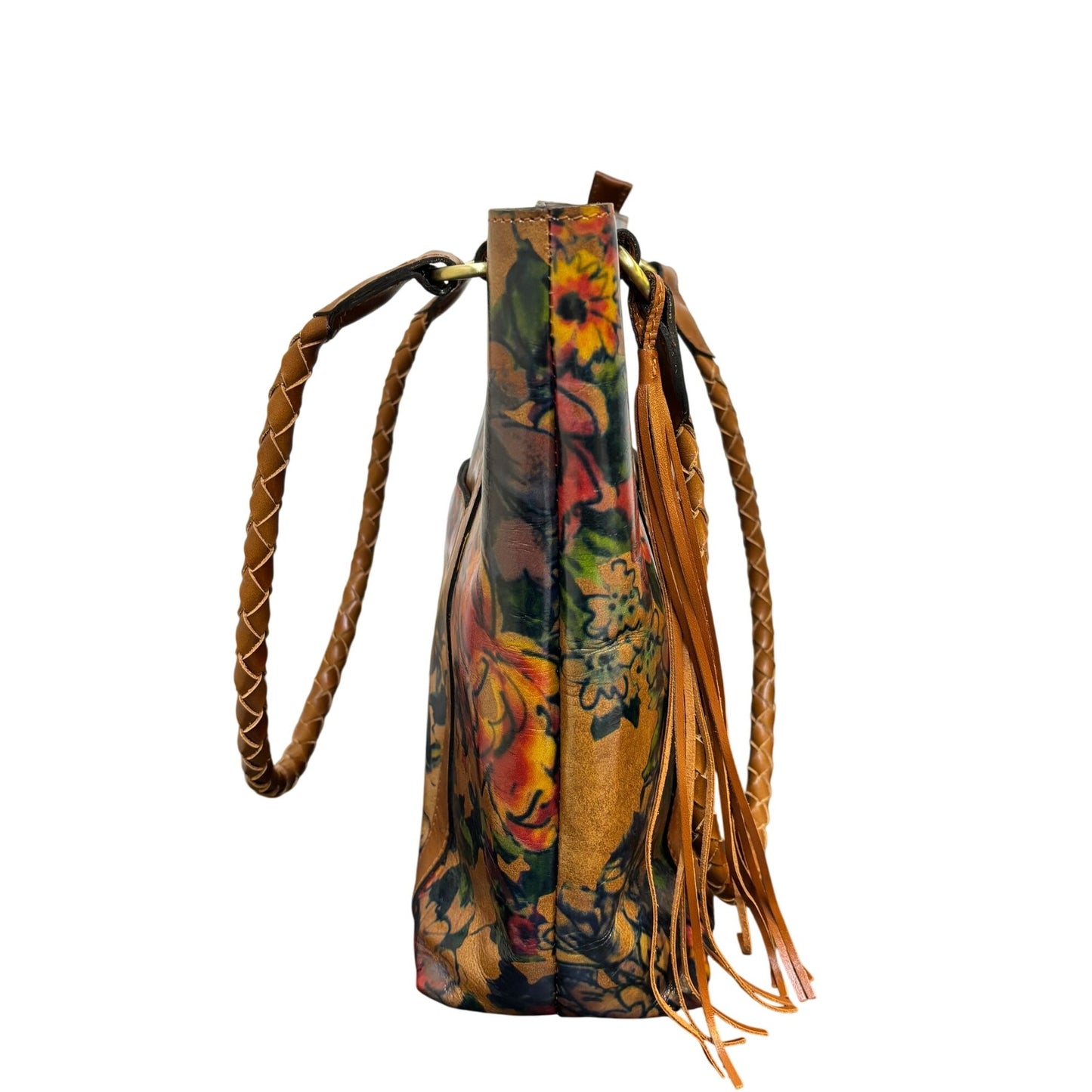 Patricia Nash Leather Tote Purse With Floral Print & Braided Handles