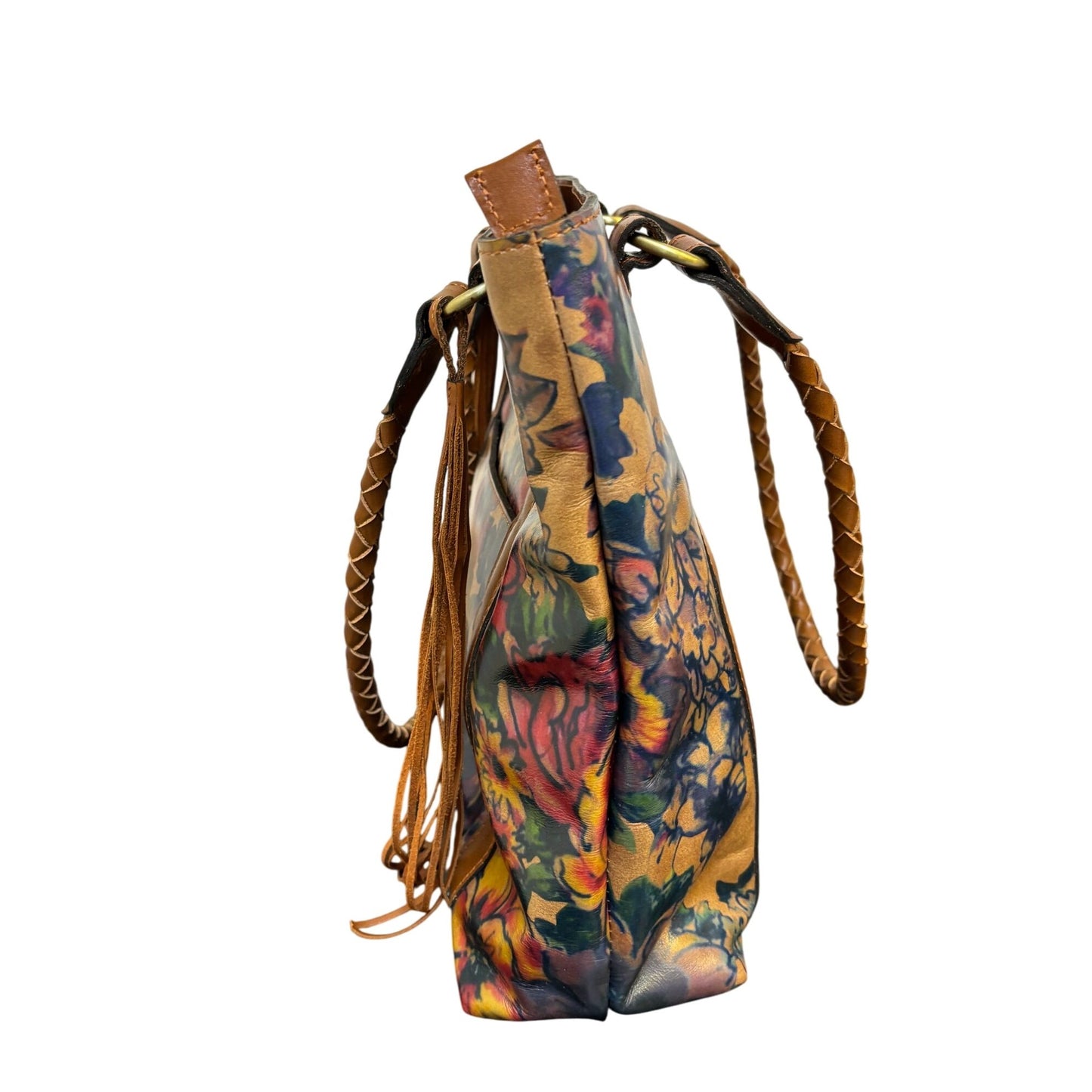 Patricia Nash Leather Tote Purse With Floral Print & Braided Handles
