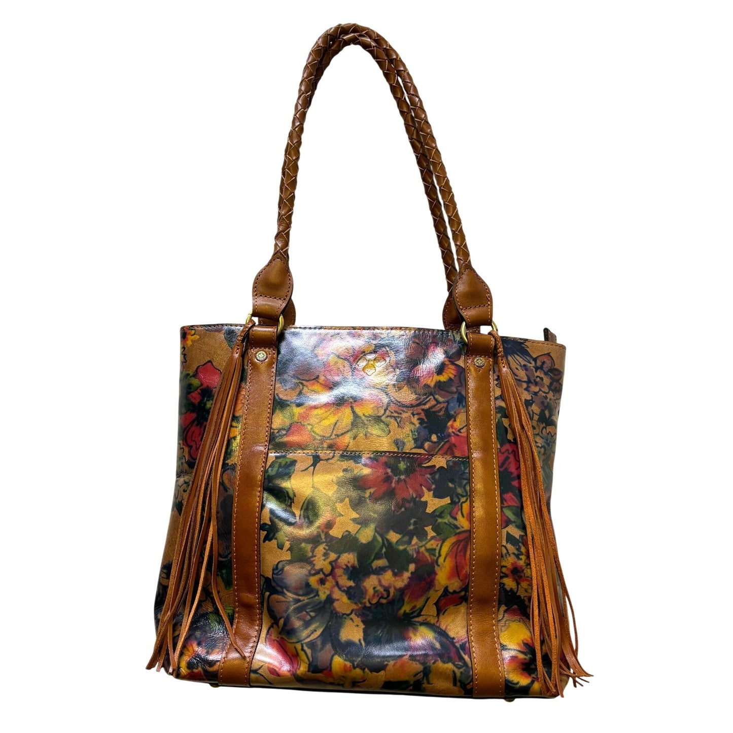 Patricia Nash Leather Tote Purse With Floral Print & Braided Handles