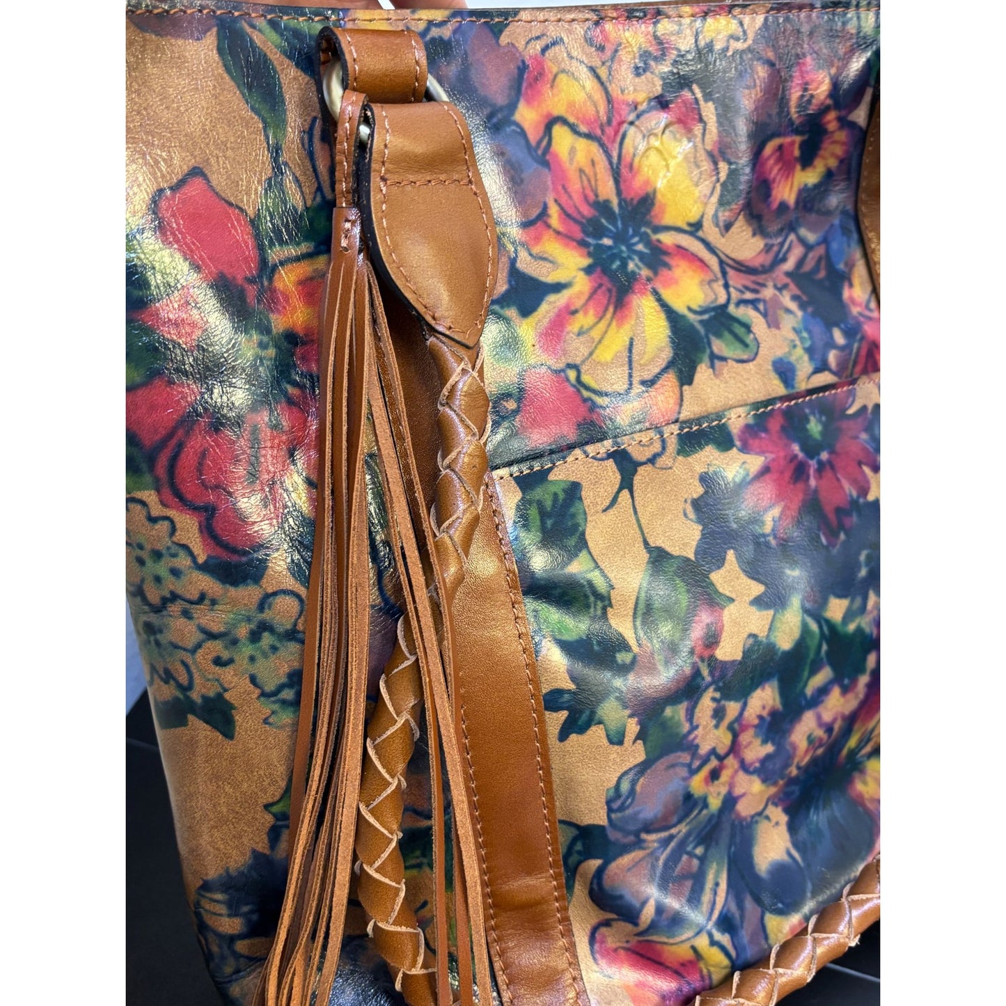 Patricia Nash Leather Tote Purse With Floral Print & Braided Handles