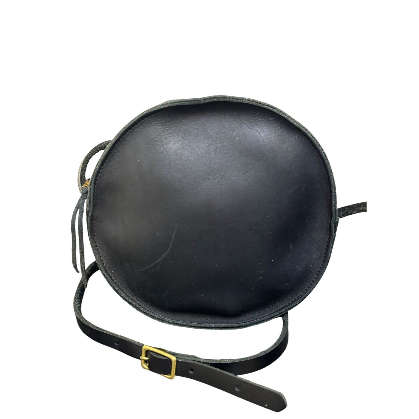 Neva Opet Round Leather Crossbody Bag Black Gold Hardware Zipper Closure