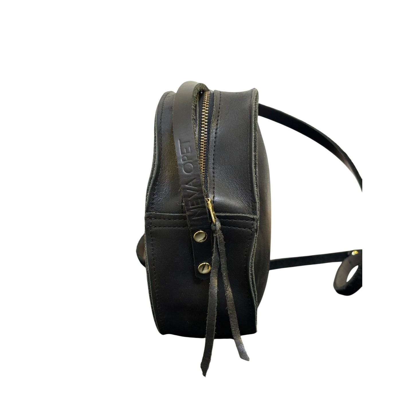 Neva Opet Round Leather Crossbody Bag Black Gold Hardware Zipper Closure