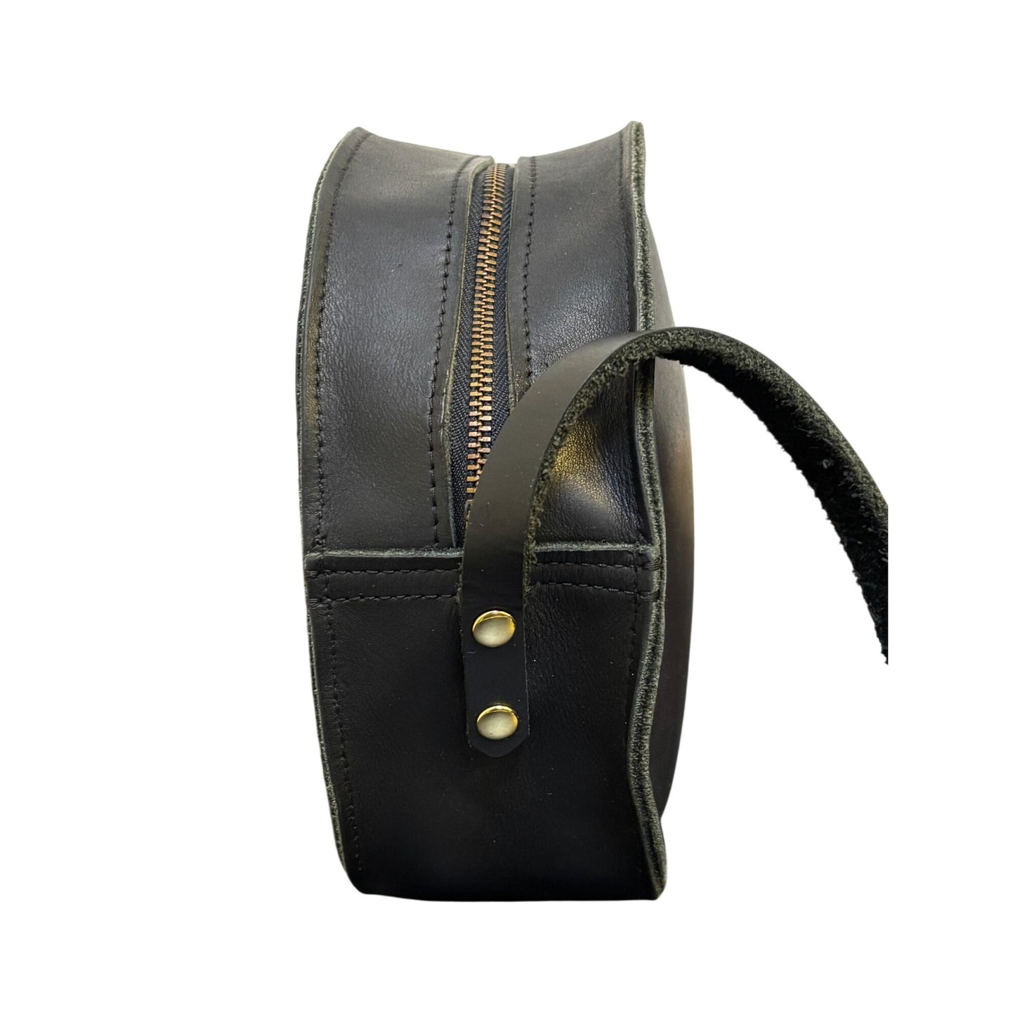 Neva Opet Round Leather Crossbody Bag Black Gold Hardware Zipper Closure