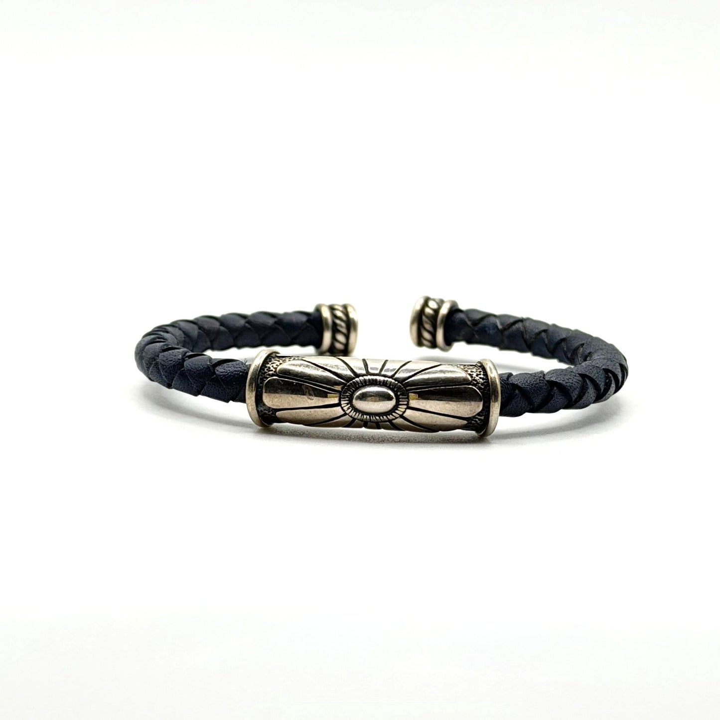 Waldeck Johnson Sterling 925 & Blue Braided Leather Cuff Bracelet