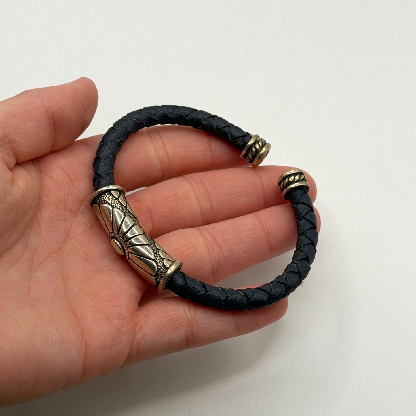 Waldeck Johnson Sterling 925 & Blue Braided Leather Cuff Bracelet