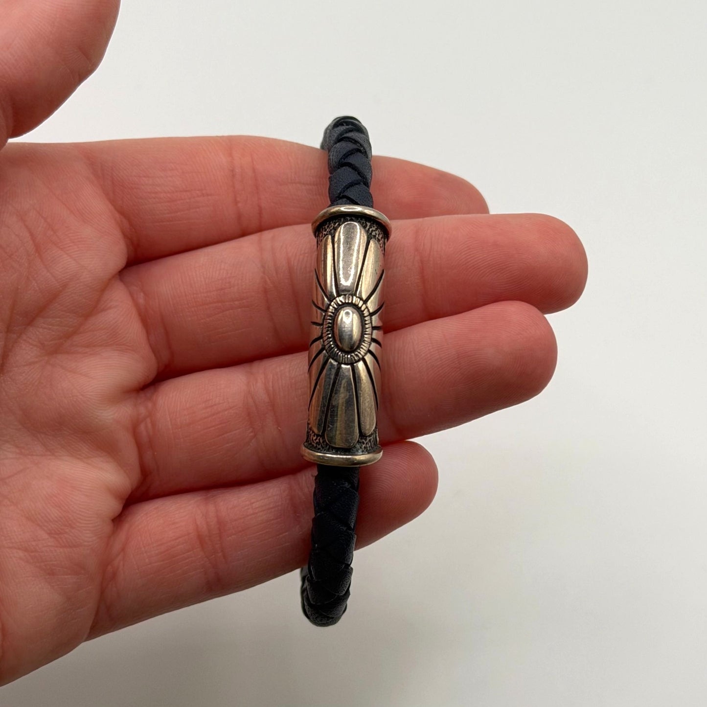 Waldeck Johnson Sterling 925 & Blue Braided Leather Cuff Bracelet
