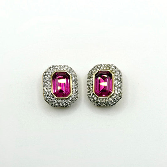 S.A.L. Swarovski Gold-Tone Pink Crystal Pave Clip Earrings