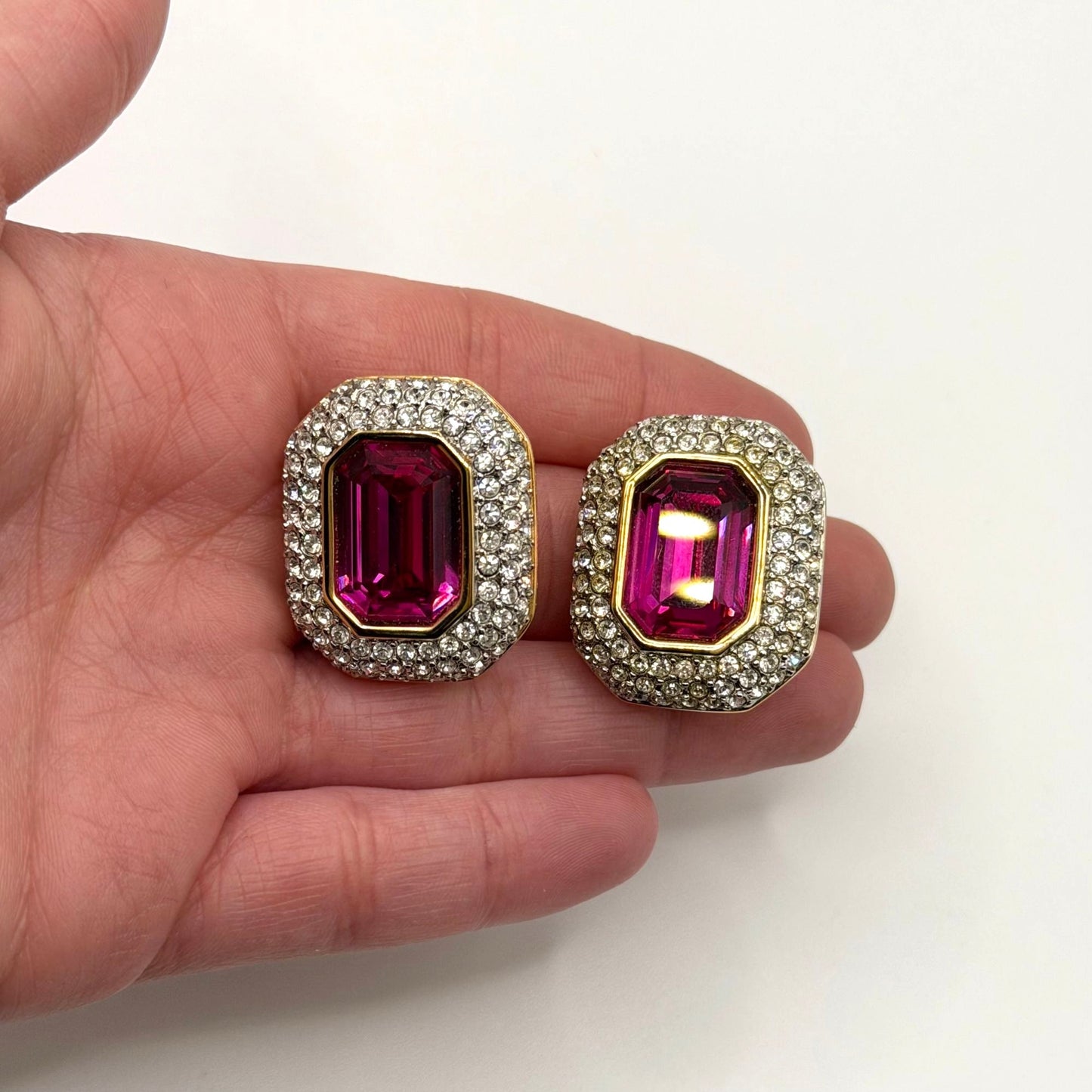 S.A.L. Swarovski Gold-Tone Pink Crystal Pave Clip Earrings