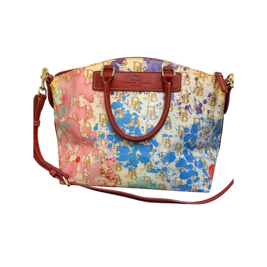 NWT Dooney & Bourke Florentine Leather Shoulder Bag With Colorful Paint Splatter Design & Red Handles/Strap
