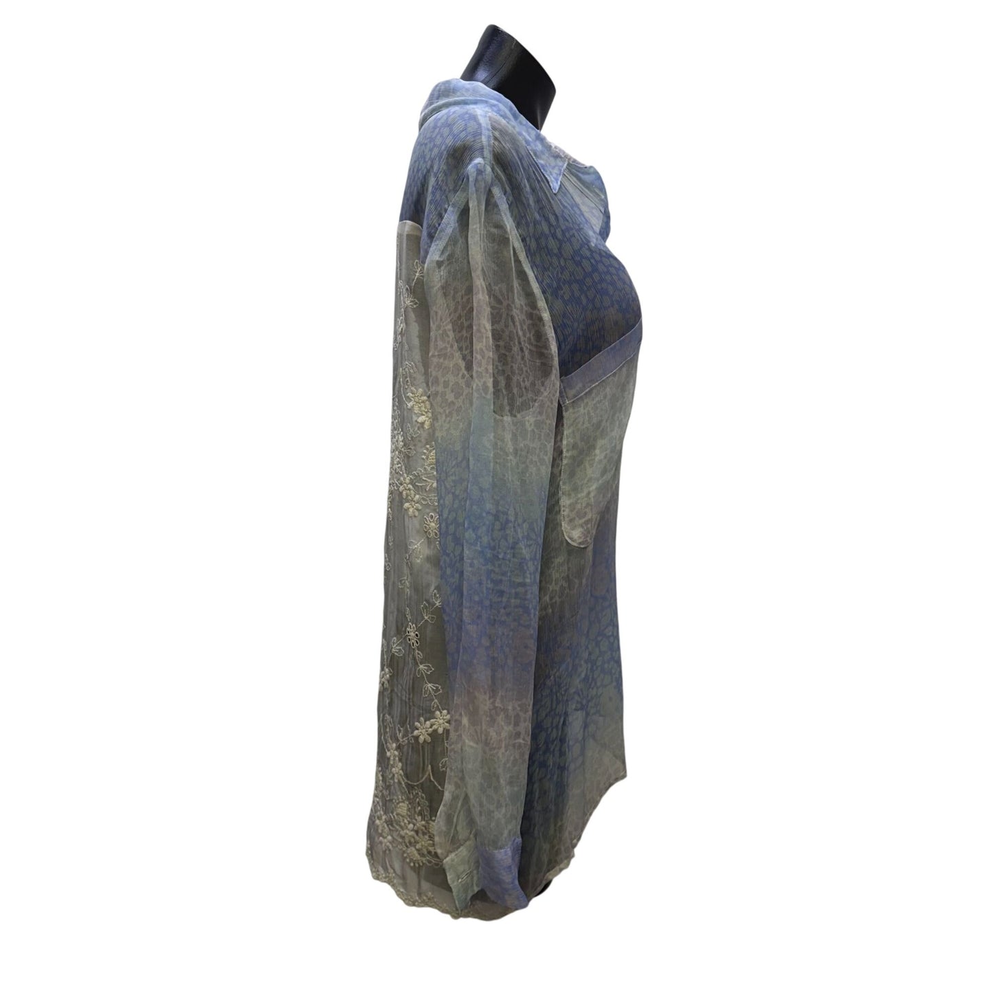 Love And Liberty Sheer Blue Silk Blouse With Lace Back Detail S