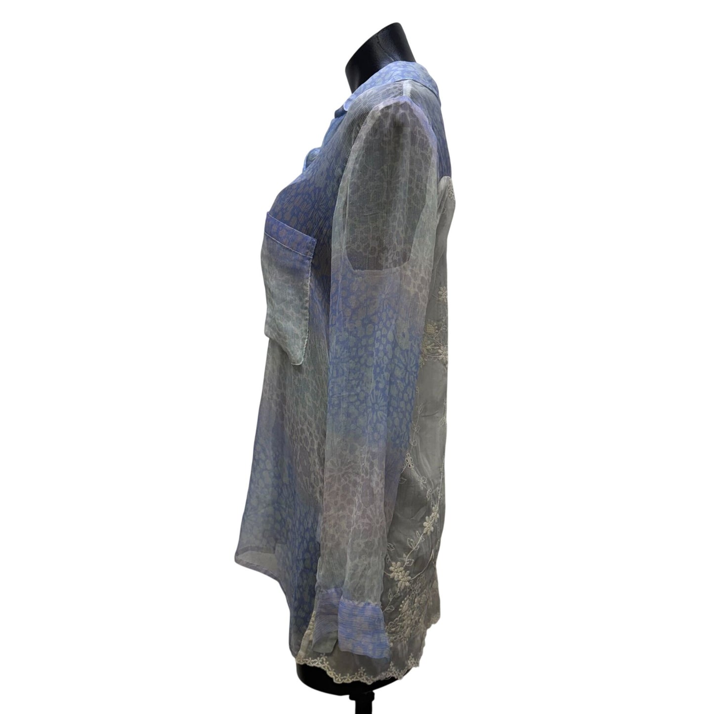 Love And Liberty Sheer Blue Silk Blouse With Lace Back Detail S