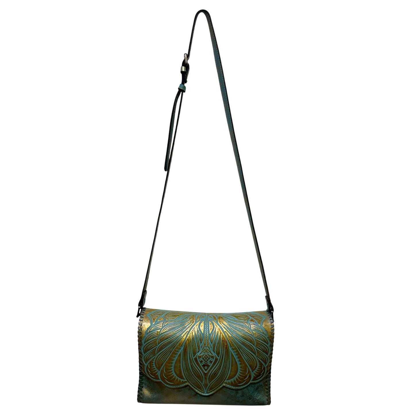 Patricia Nash Turquoise & Gold Leather Crossbody Bag With Adjustable Strap