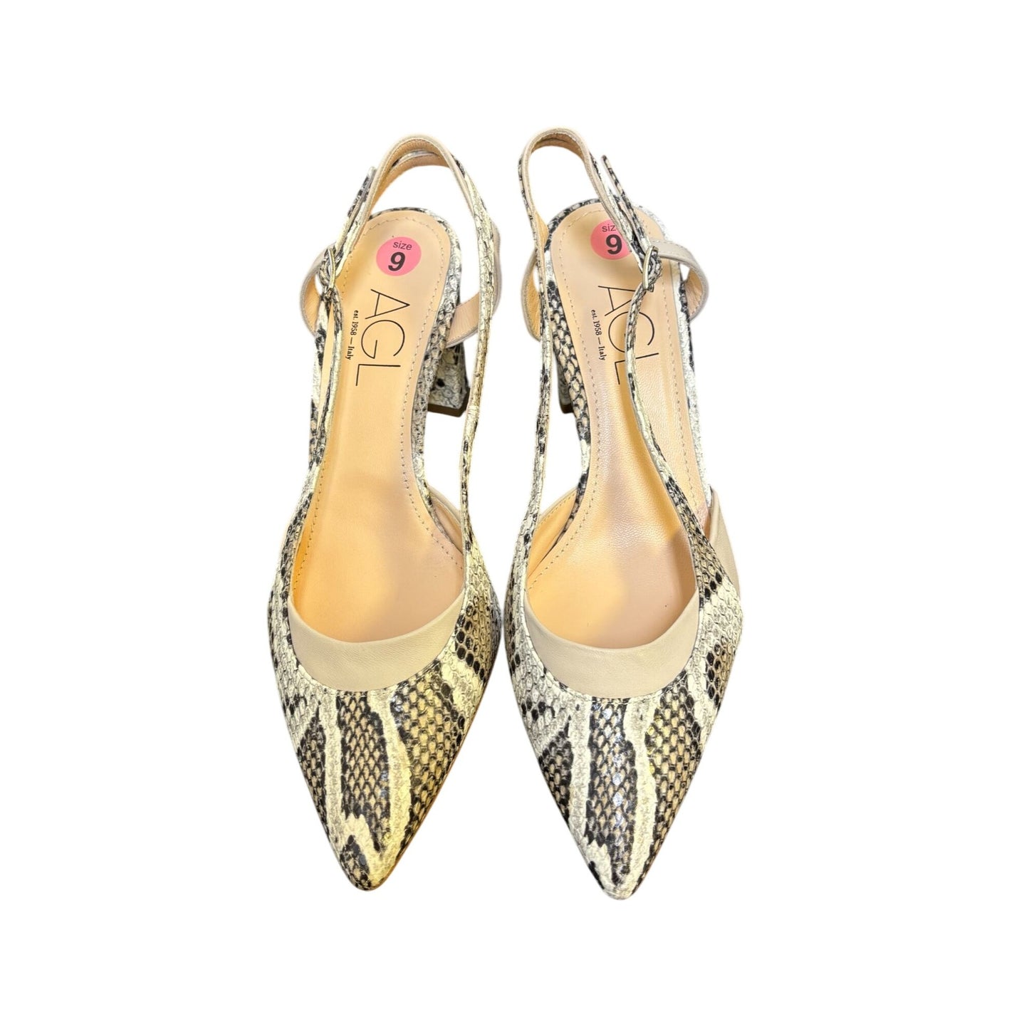 AGL Snake Print Slingback Heels Size 9/39.5 Tan Multi Leather