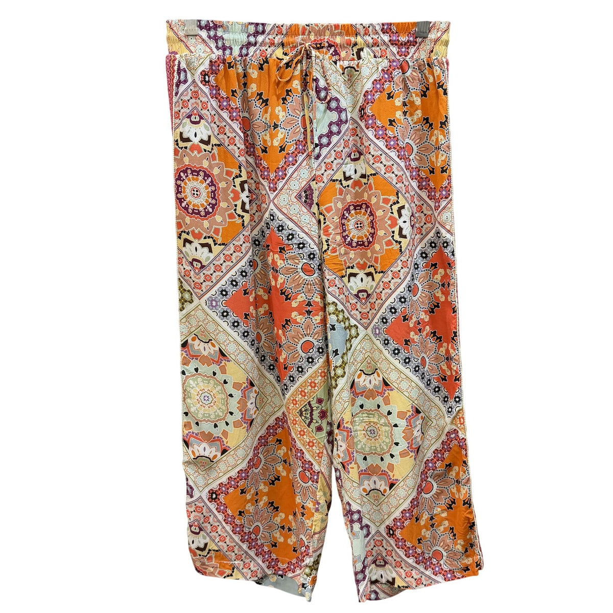 Johnny Was Jade Silk Drawstring Wide-Leg Pants Orange Multi S