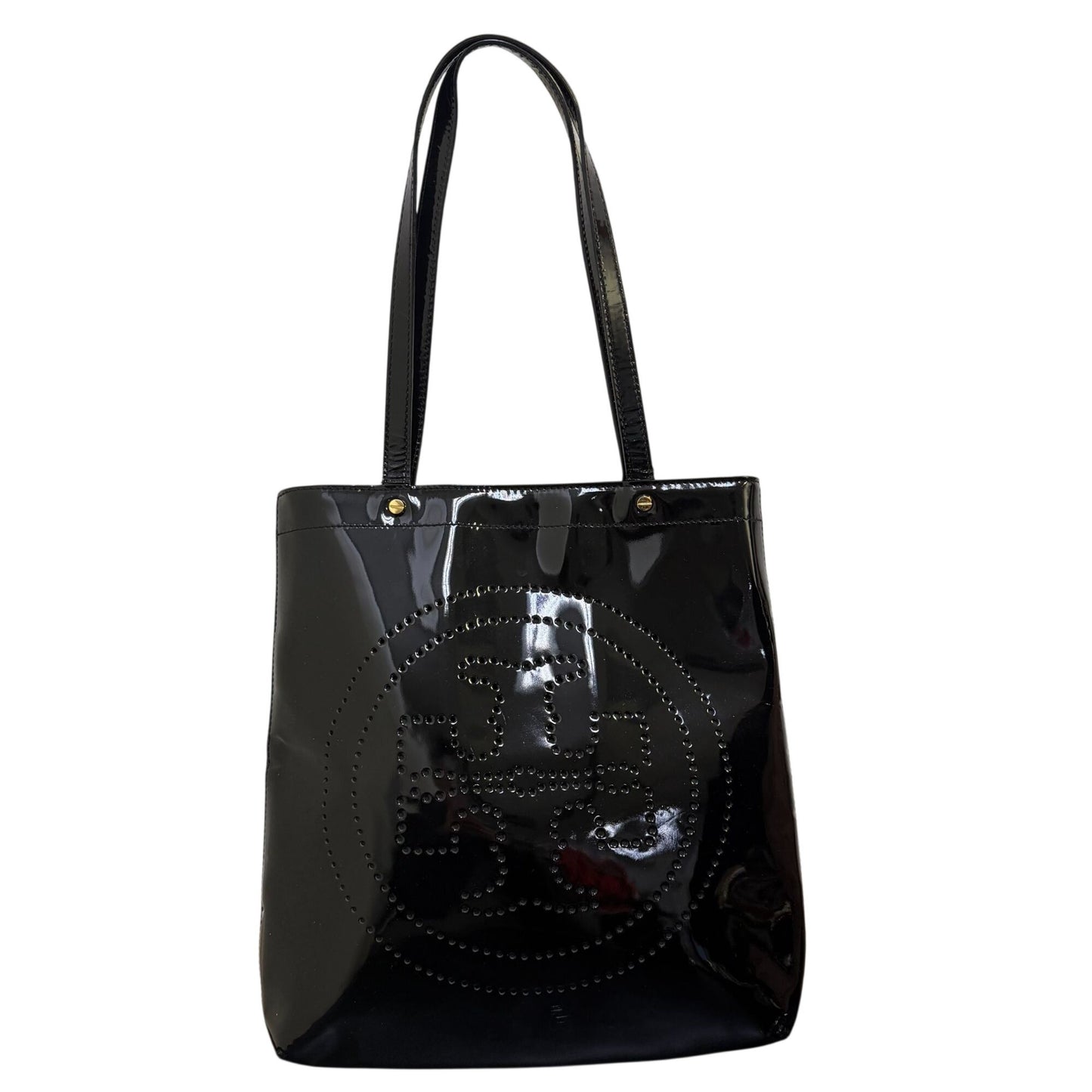 Black Patent Leather Tory Burch Perforated Logo Tote Shoulder Bag