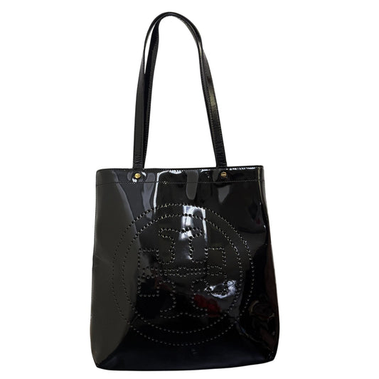 Black Patent Leather Tory Burch Perforated Logo Tote Shoulder Bag