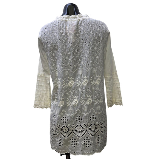 Johnny Was White Embroidered Tunic Blouse With Long Sleeves S