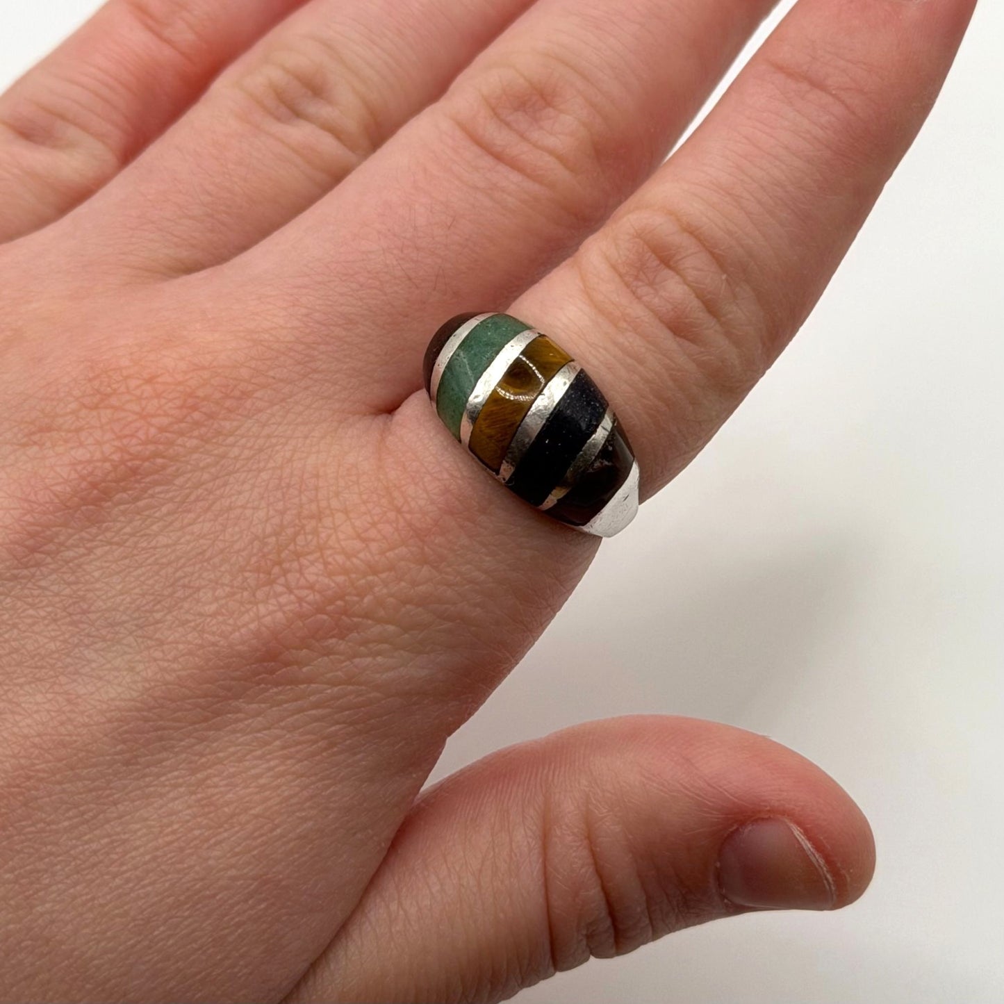 925 Sterling Silver Ring Carnelian Sodalite Tigers Eye & Black Onyx Size 7