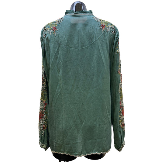 Johnny Was Embroidered Silk Blouse Green XL