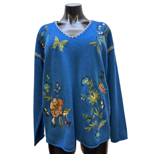 Johnny Was Blue Cashmere Wool Floral Embroidered V-Neck Blouse M