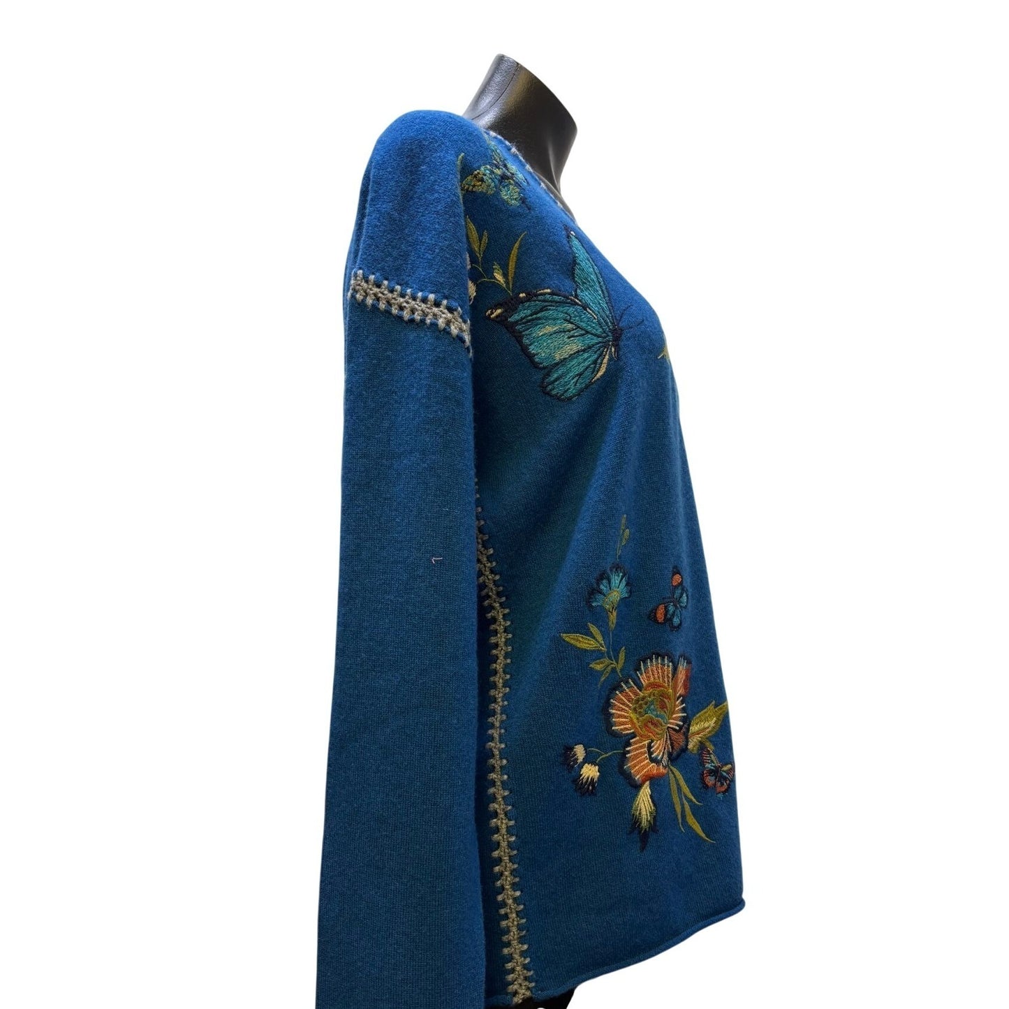 Johnny Was Blue Cashmere Wool Floral Embroidered V-Neck Blouse M